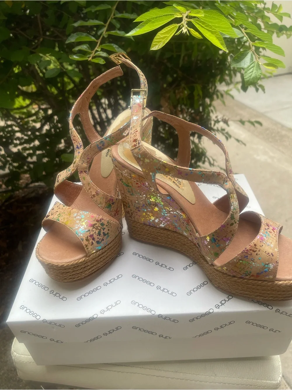 Andre Assous Pink Multicolor Glitter Jute Platform Sandals